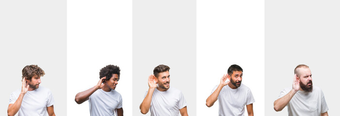 Collage of young caucasian, hispanic, afro men wearing white t-shirt over white isolated background smiling with hand over ear listening an hearing to rumor or gossip. Deafness concept.