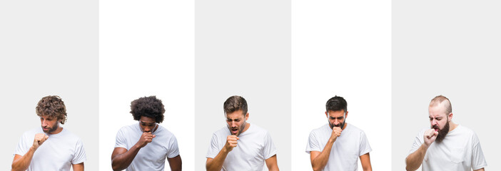 Collage of young caucasian, hispanic, afro men wearing white t-shirt over white isolated background feeling unwell and coughing as symptom for cold or bronchitis. Healthcare concept.