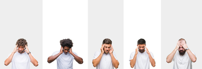 Collage of young caucasian, hispanic, afro men wearing white t-shirt over white isolated background with hand on head for pain in head because stress. Suffering migraine.