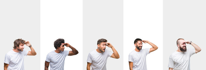 Collage of young caucasian, hispanic, afro men wearing white t-shirt over white isolated background very happy and smiling looking far away with hand over head. Searching concept.