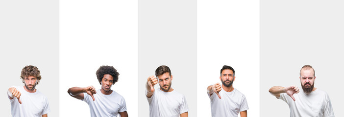 Collage of young caucasian, hispanic, afro men wearing white t-shirt over white isolated background looking unhappy and angry showing rejection and negative with thumbs down gesture. Bad expression.