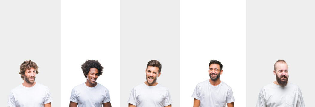 Collage of young caucasian, hispanic, afro men wearing white t-shirt over white isolated background winking looking at the camera with sexy expression, cheerful and happy face.