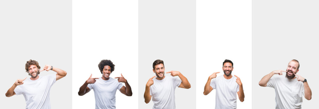 Collage of young caucasian, hispanic, afro men wearing white t-shirt over white isolated background smiling confident showing and pointing with fingers teeth and mouth. Health concept.