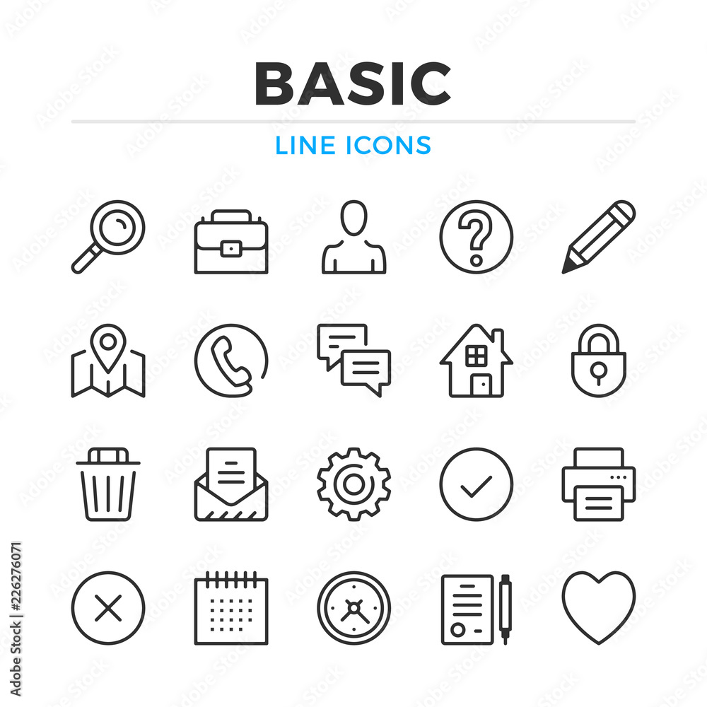 Poster basic line icons set. modern outline elements, graphic design concepts, simple symbols collection. v