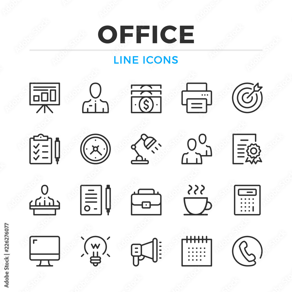 Fototapete Office line icons set. Modern outline elements, graphic design concepts, simple symbols collection. Vector line icons