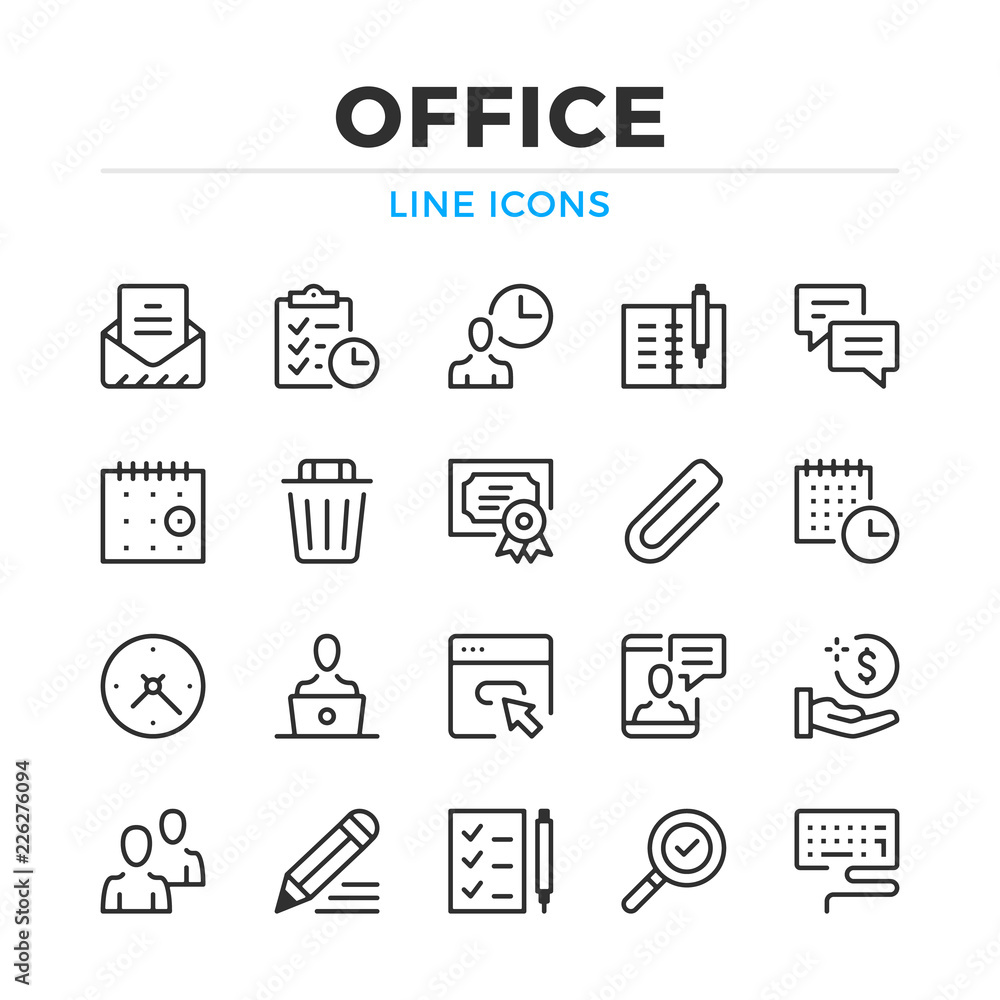 Poster office line icons set. modern outline elements, graphic design concepts, simple symbols collection. 