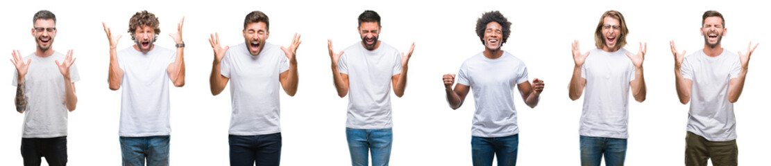 Collage of young caucasian, hispanic, afro men wearing white t-shirt over white isolated background celebrating mad and crazy for success with arms raised and closed eyes screaming excited