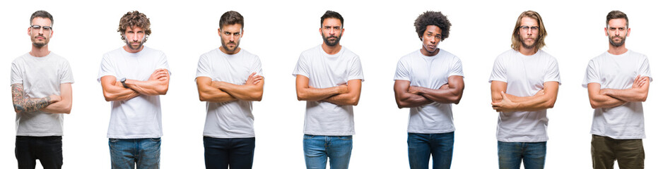 Collage of young caucasian, hispanic, afro men wearing white t-shirt over white isolated background skeptic and nervous, disapproving expression on face with crossed arms. Negative person.