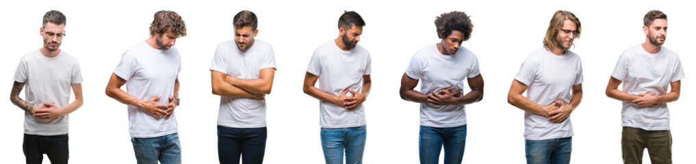 Collage of young caucasian, hispanic, afro men wearing white t-shirt over white isolated background with hand on stomach because nausea, painful disease feeling unwell. Ache concept.