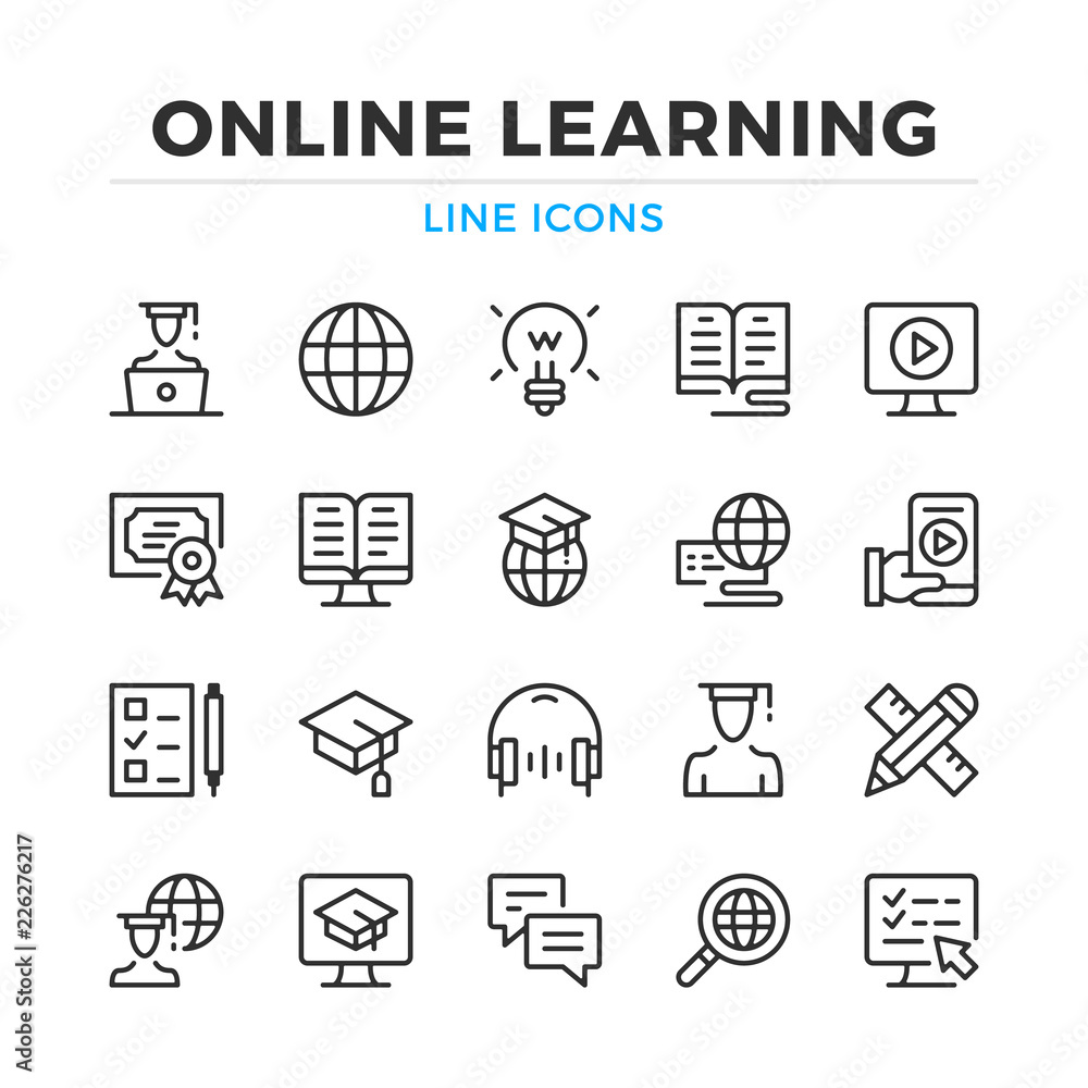 Poster online learning line icons set. modern outline elements, graphic design concepts, simple symbols col