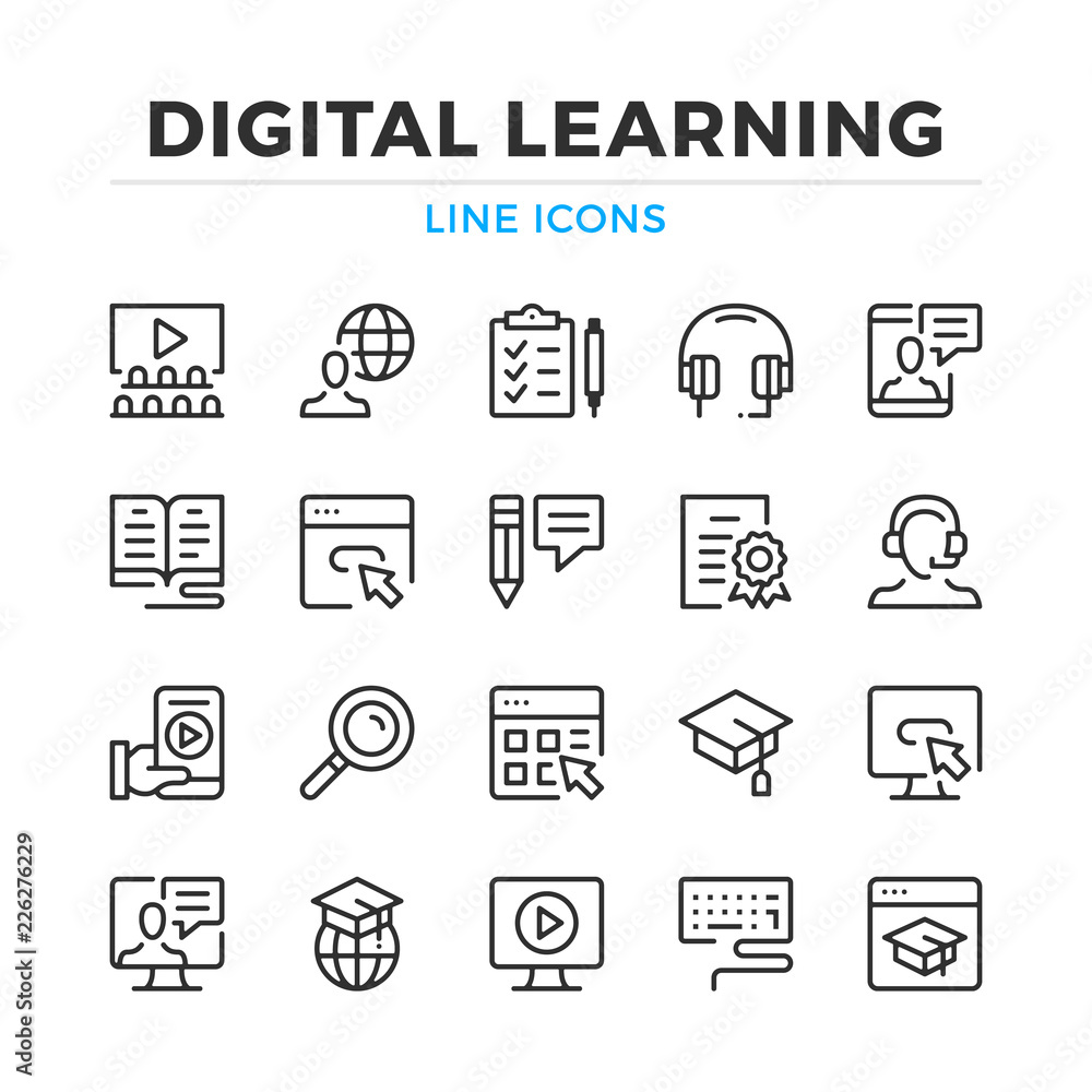 Poster digital learning line icons set. modern outline elements, graphic design concepts, simple symbols co