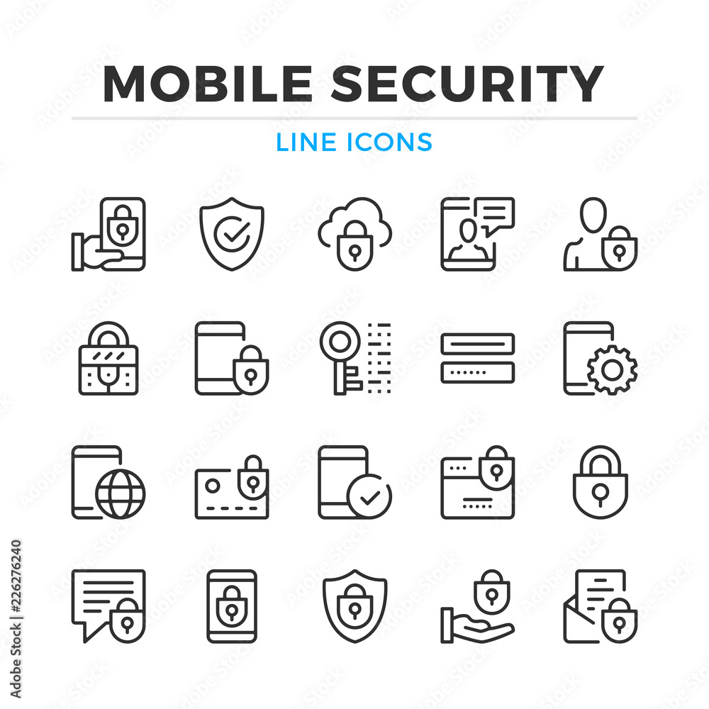 Poster mobile security line icons set. modern outline elements, graphic design concepts, simple symbols col