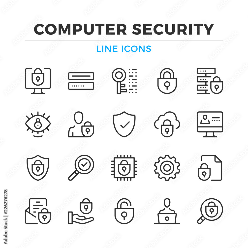 Poster computer security line icons set. modern outline elements, graphic design concepts, simple symbols c