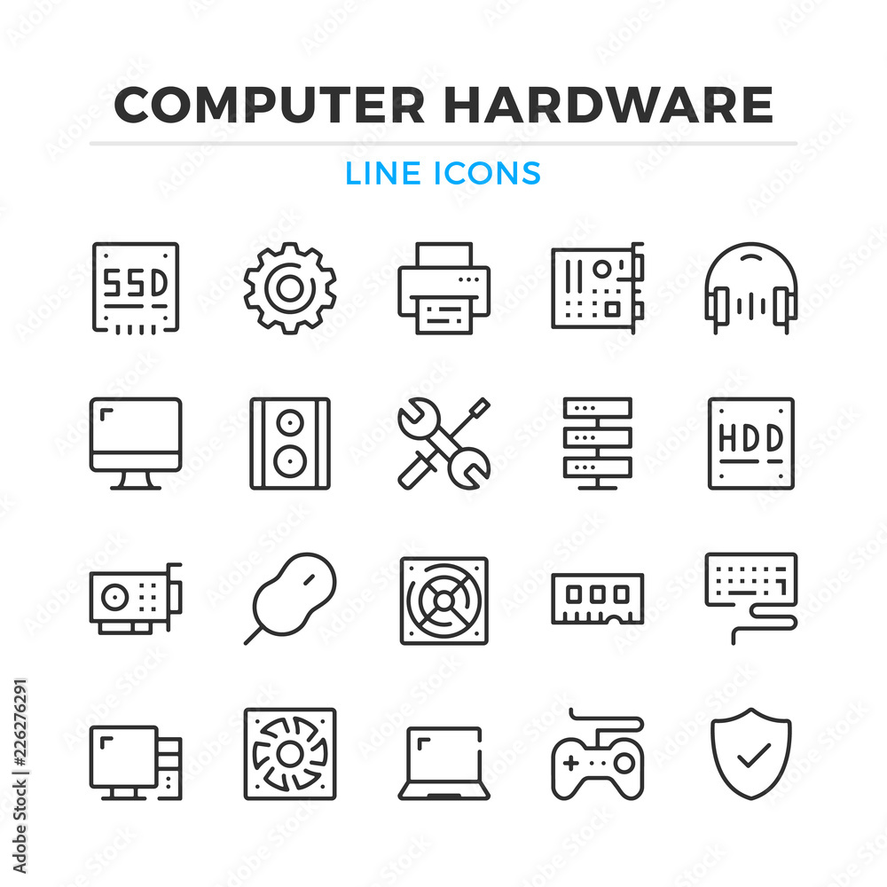 Poster computer hardware line icons set. modern outline elements, graphic design concepts, simple symbols c