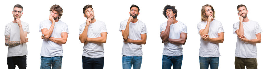 Collage of young caucasian, hispanic, afro men wearing white t-shirt over white isolated background...