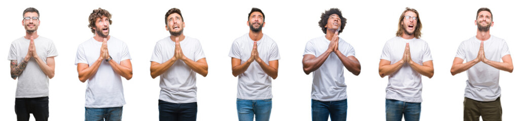 Collage of young caucasian, hispanic, afro men wearing white t-shirt over white isolated background begging and praying with hands together with hope expression on face very emotional and worried.