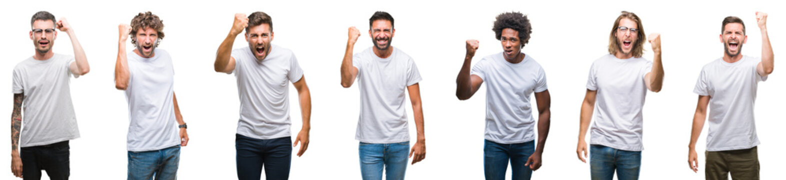 Collage of young caucasian, hispanic, afro men wearing white t-shirt over white isolated background angry and mad raising fist frustrated and furious while shouting with anger. Rage and aggressive
