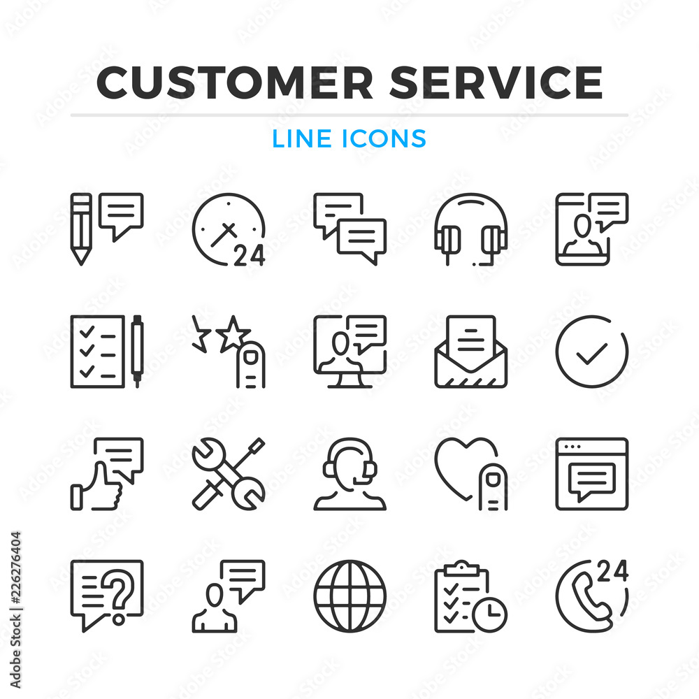 Poster customer service line icons set. modern outline elements, graphic design concepts, simple symbols co
