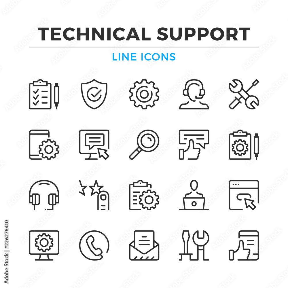 Poster technical support line icons set. modern outline elements, graphic design concepts, simple symbols c