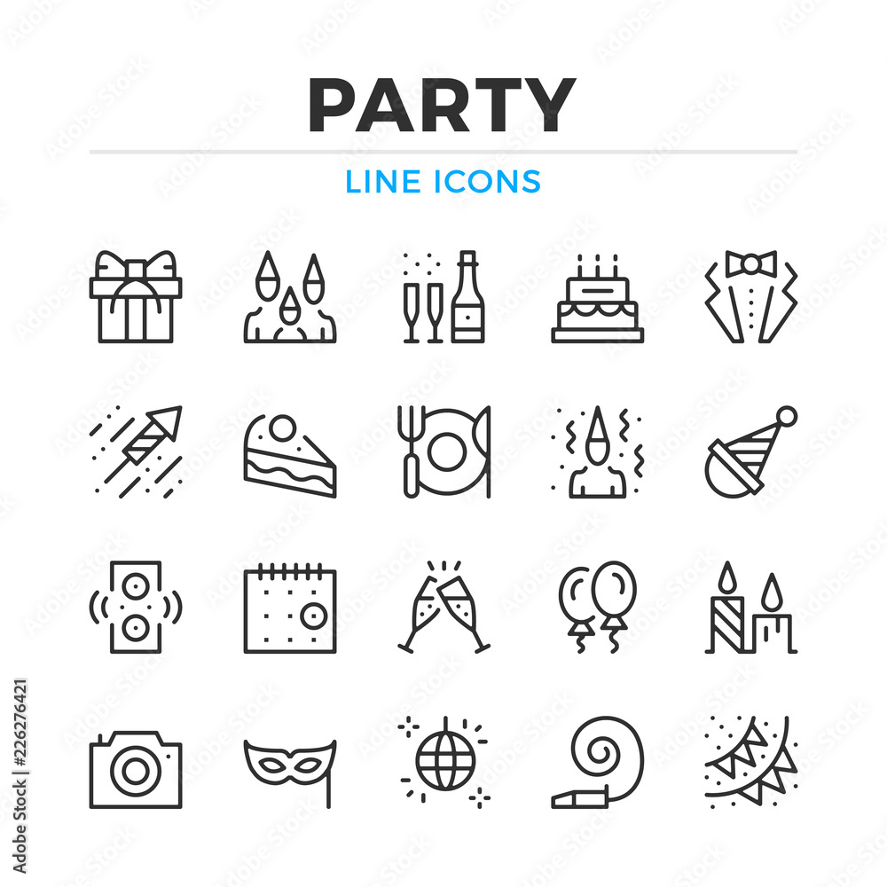 Poster party line icons set. modern outline elements, graphic design concepts, simple symbols collection. v