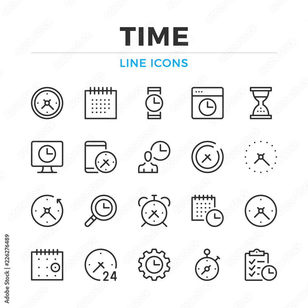 Poster time line icons set. modern outline elements, graphic design concepts, simple symbols collection. ve