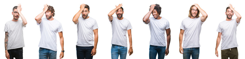 Collage of young caucasian, hispanic, afro men wearing white t-shirt over white isolated background surprised with hand on head for mistake, remember error. Forgot, bad memory concept.