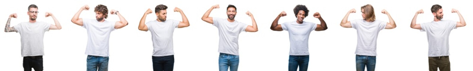 Collage of young caucasian, hispanic, afro men wearing white t-shirt over white isolated background showing arms muscles smiling proud. Fitness concept.