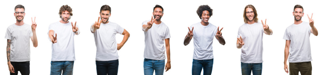 Collage of young caucasian, hispanic, afro men wearing white t-shirt over white isolated background smiling looking to the camera showing fingers doing victory sign. Number two.