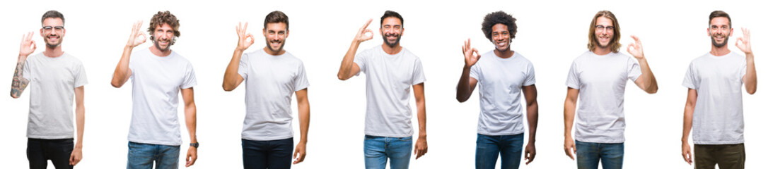 Collage of young caucasian, hispanic, afro men wearing white t-shirt over white isolated background smiling positive doing ok sign with hand and fingers. Successful expression.