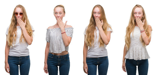 Collage of young blonde girl over white isolated background cover mouth with hand shocked with...