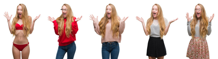 Collage of young blonde girl over white isolated background celebrating crazy and amazed for success with arms raised and open eyes screaming excited. Winner concept