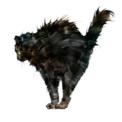 drawn ruffled scary black cat side view on white background