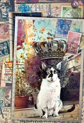 Foto op Plexiglas Koning kat. Oude surrealistische foto, en vintage ansichtkaarten met kat in de tuin, antieke postzegels en kroon © Rosario Rizzo