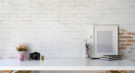 Loft wood workplace mockup poster and copy space