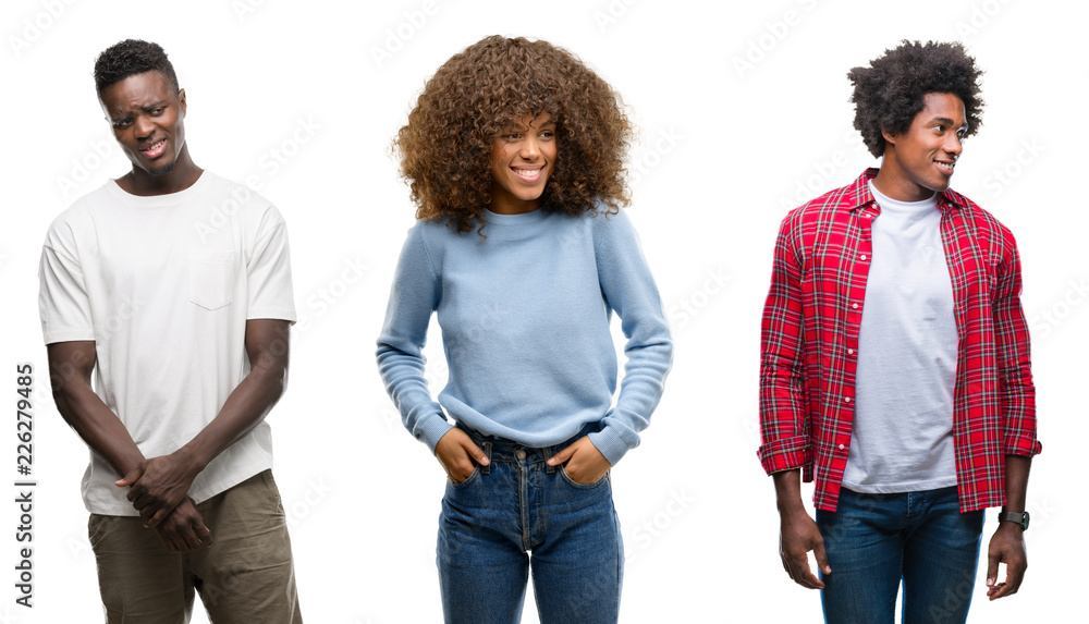 Poster Collage of african american group of people over isolated background looking away to side with smile on face, natural expression. Laughing confident.