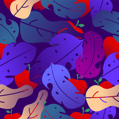 Seamless pattern colorful illustration leaves with apples background Can be used and suitable for gift cards, banners, wallpapers, backgrounds, patterns, websites, and invitations