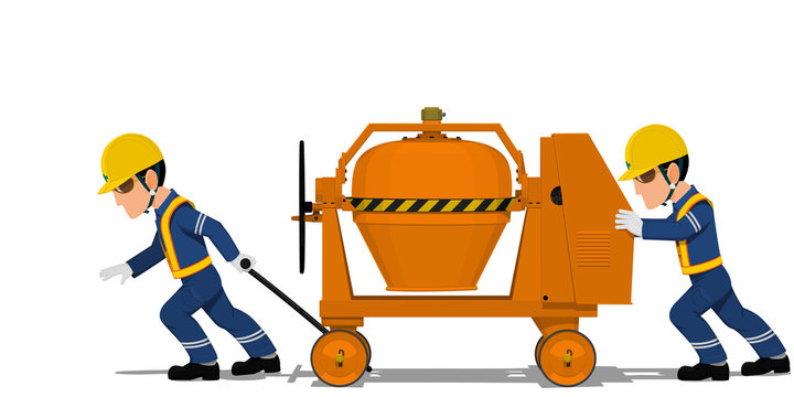 Two workers are moving the concrete mixer on transparent background