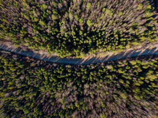 Road through the taiga forest. Oil deposit. Oil production. Sunset on the Vasyugan swamp. Nature landscape from aerial view. Off road transportation. Siberia, Russia.