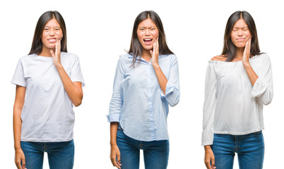 Collage of asian young woman standing over white isolated background touching mouth with hand with painful expression because of toothache or dental illness on teeth. Dentist concept.