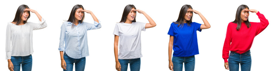 Composition of chinese asian woman over isolated background very happy and smiling looking far away...