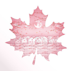 Autumn season with paper cut houses and falling maple leaves in a colorful village, vector illustration.