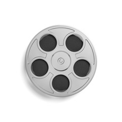 3d rendering of a single movie reel with a lot of film taped tightly inside of it in a top view on a white background.