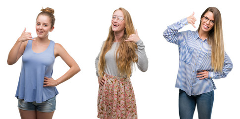 Collage of group of blonde women over isolated background smiling doing phone gesture with hand and fingers like talking on the telephone. Communicating concepts.