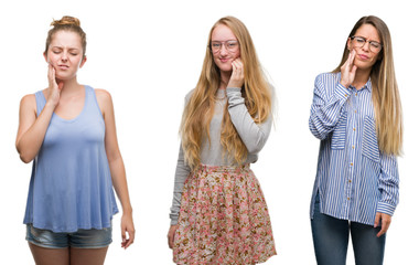 Fototapeta premium Collage of group of blonde women over isolated background touching mouth with hand with painful expression because of toothache or dental illness on teeth. Dentist concept.
