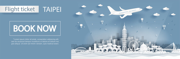 Naklejka premium Flight and ticket advertising template with travel to Taipei concept, Taipei famous landmarks in paper cut style vector illustration