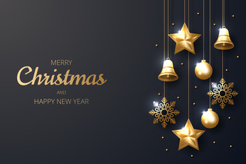 Merry Christmas background with shining gold ornaments. Made of snowflakes, bells, star, christmas ball. Vector illustration 