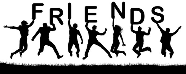 Cheerful happy people friends in a jump. Vector silhouette. Hold the letters in their hands, the word friends
