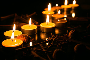 Candles in the dark with sof focus . Memorial, hope. 