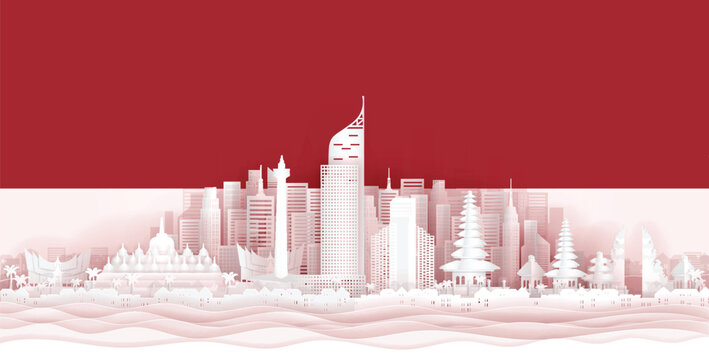 Indonesia flag and famous landmarks in paper cut style vector illustration.