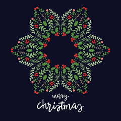 Christmas Hand Drawn Wreath with Round Frame for Cards Design Vector Layout with Copyspace Can be use for Decorative Kit, Invitations, Greeting Cards, Blogs, Posters, Merry X’mas and Happy New Year.